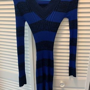 Black & blue, long-sleeved, striped bodycon mini dress